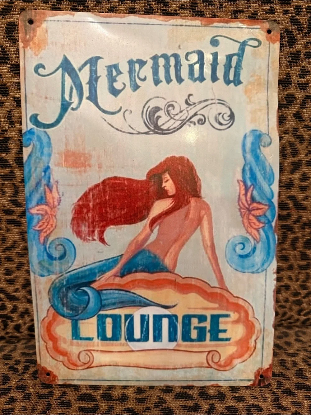 Mermaid Lounge Tin Wall Sign - Decorative Blue & Red Home Bath Art